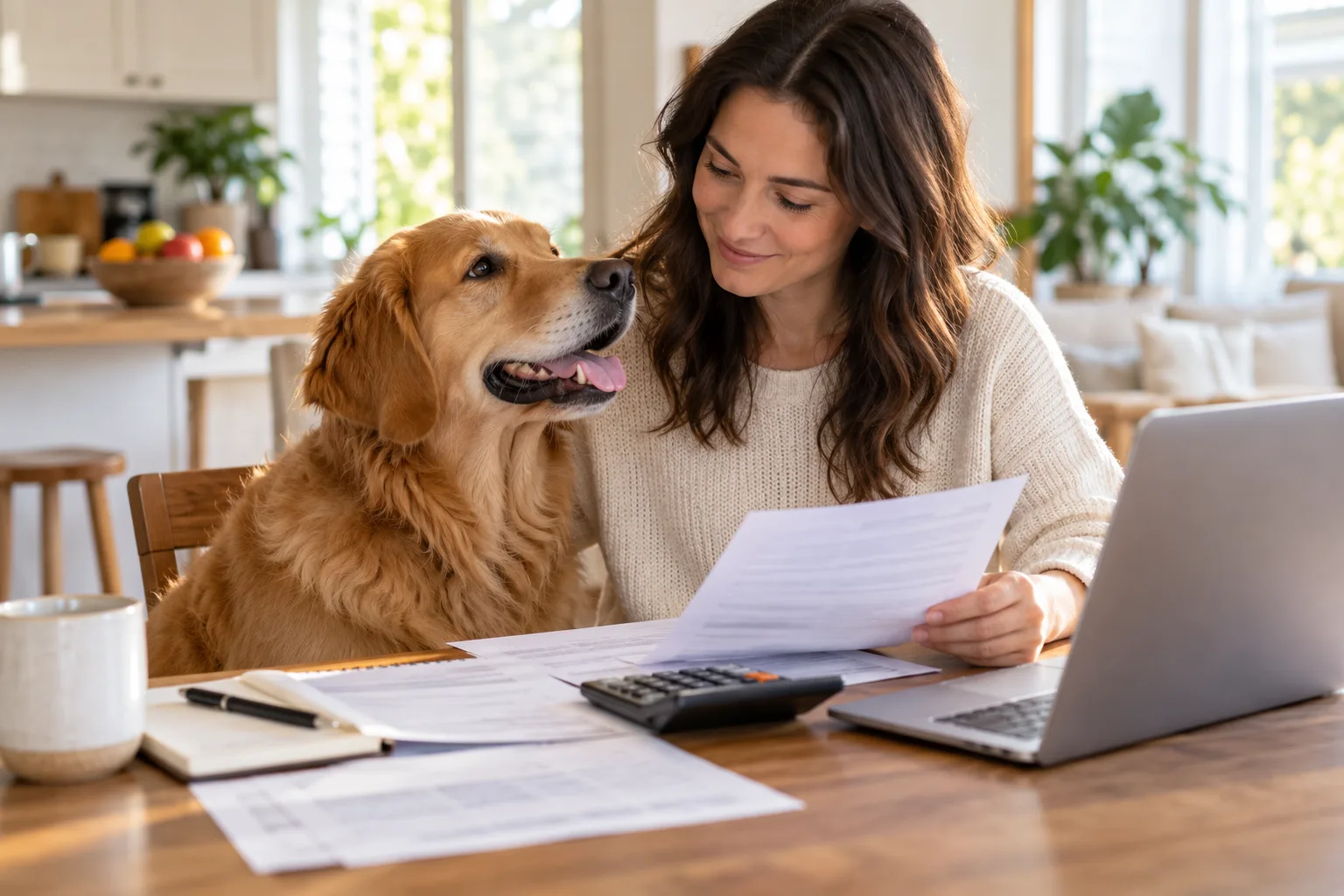 Owner reviewing documents at home beside a golden-colored dog